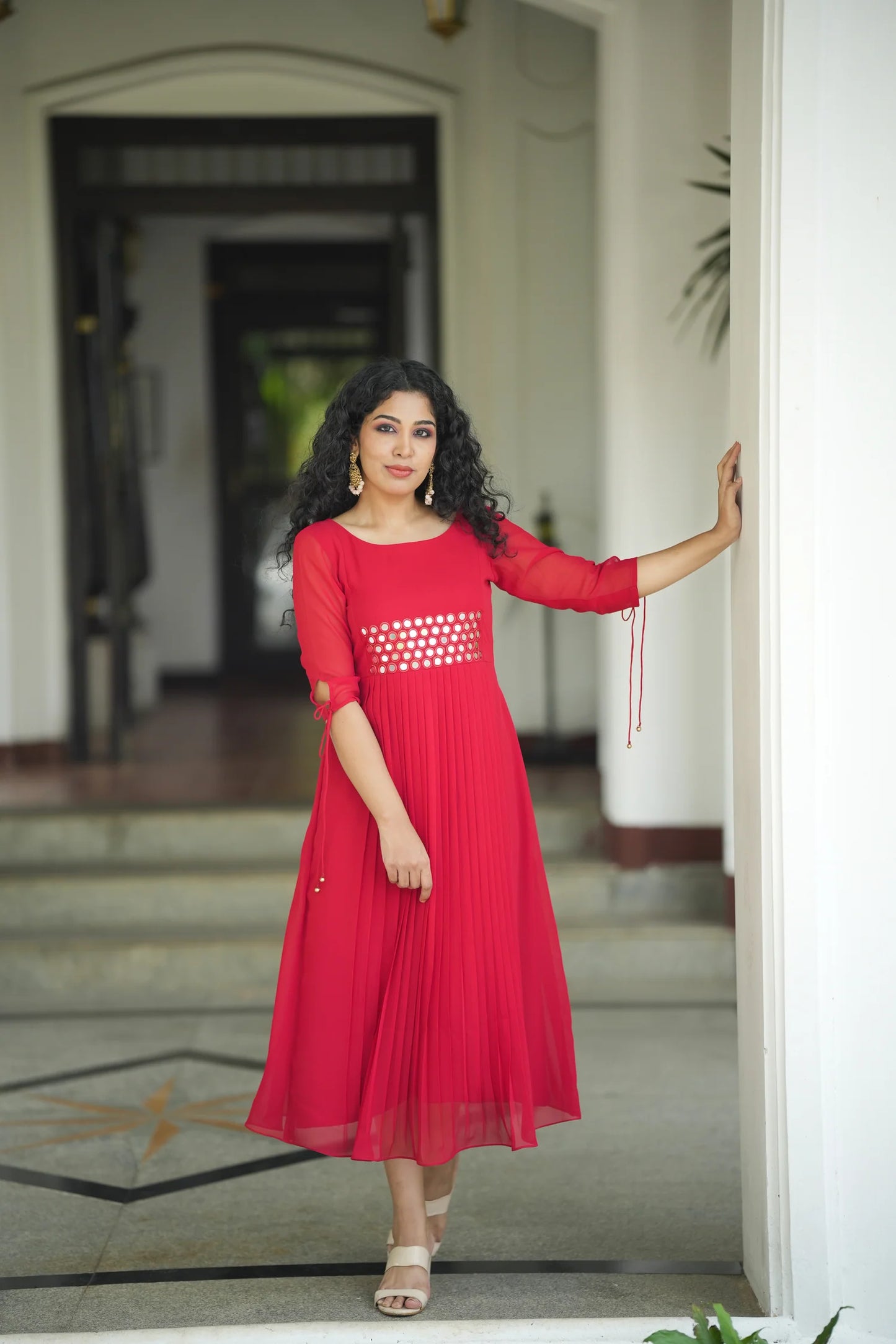 Red self lined georgette Aline kurti with handworked yoke and gathers